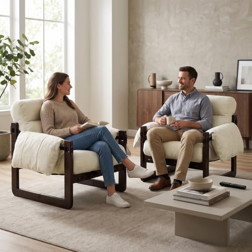 Chenille Accent Chair, Comfy Armchair for Living Room, Beige | Wide padded seat, high-density foam, solid wood frame, 350 lb support, comfy lounge chair, reading chair, bedroom chair - color: Chenille-beige