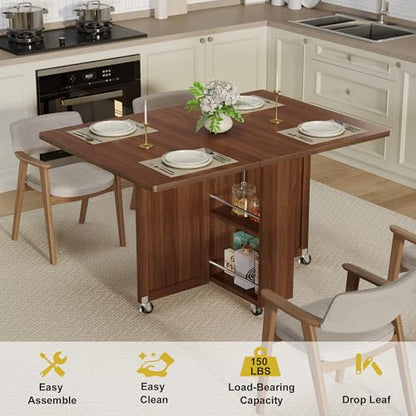 Folding Dining Table for 2-6, Designed for Small Spaces, Walnut | 52.7" Folding Dining Table with 6 Wheels, Drop Leaf Table with Drawers, Shelves and Wine Rack for Small Spaces - color: Walnut