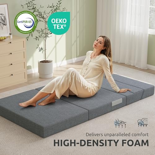 Youzi Foldable Sofa Bed Twin, Sleeper Sofa Bed Couch for Guests, 6 Inches Four-fold Foam Folding Chair for Home and Livingroom, Washable Cover, Dark Gray, 75" x 39" x 6" - size: Twin