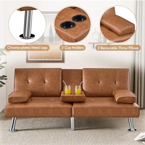 Yaheetech Convertible Futon Sofa Bed Loveseat with Cup Holder, Brown | 3 Angles Sofa, Recliner Chair, Bed, Compact Faux Leather Love Seat for Living Room, Guest Room, Dorm, Small Apartment - color: Brown