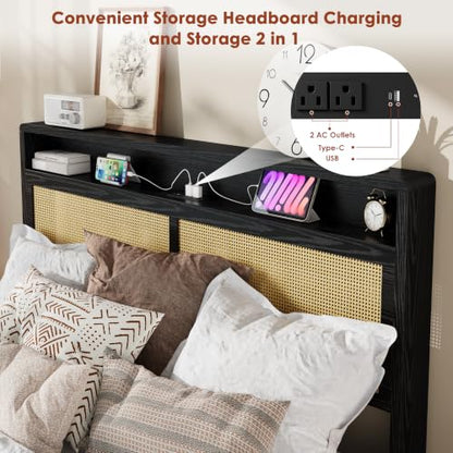 Garvee Queen Wooden Rattan Bed Frame Bohemian with Storage and LED Lights | Cane Headboard with Charging Station, Wooden Slats, Noise-free, No Box Spring. Country Farmhouse Bed Frames Black - color: Black, size: Queen
