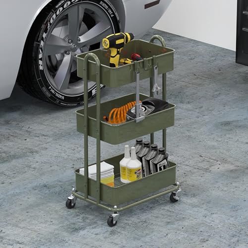Simple Houseware 3-Tier Heavy Duty Metal Utility Rolling Cart, Army Green - color: Army Green
