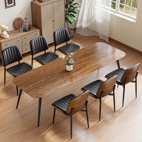 YaFiti Mid Century Dining Chairs with Walnut Bentwood, Set of 2, Black | Ergonomic Walnut Backrest, Upholstered Waterproof PU Leather Seat, Stable Metal Legs, Adjustable Footpads, Apartment Friendly - color: Black Pinstripe