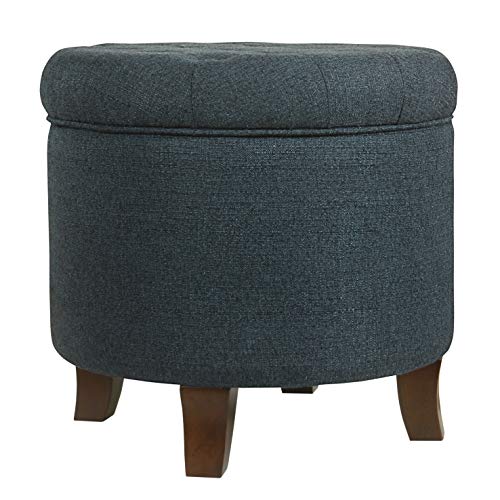 HomePop by Kinfine Fabric Upholstered Round Storage Ottoman - Velvet Button Tufted Ottoman with Removable Lid, Indigo Blue Woven - color: Indigo Blue Woven