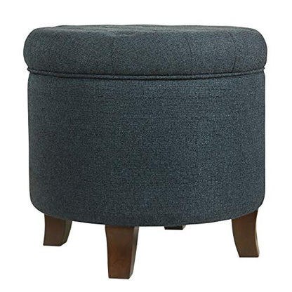 HomePop by Kinfine Fabric Upholstered Round Storage Ottoman - Velvet Button Tufted Ottoman with Removable Lid, Indigo Blue Woven - color: Indigo Blue Woven