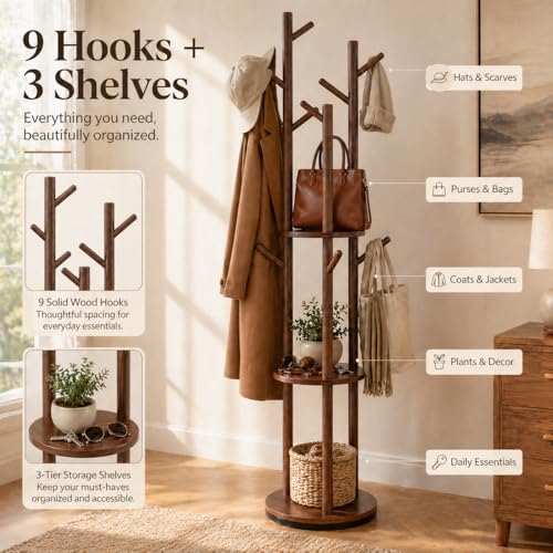 Solid Wood Rotating Coat Rack Freestanding, 360° Coat Tree with 3 Shelves & 9 Hooks, Heavy Duty Rubberwood Coat Hanger Stand, Hat Rack Hall Tree for Entryway Bedroom Office Hallway, Walnut