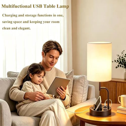 Dreamholder 2 Pack Table Lamp, Bedside Lamp with 3 USB Charging Ports & AC Outlet, USB Desk Lamp with 2 Phone Holders, Linen Fabric Shade Nightstand Lamps for Bedroom Living Room Office, Dark Brown - color: Dark Brown