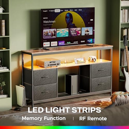 Huuger TV Stand Dresser with Power Outlets and LED Lights, 4 Drawers Entertainment Center with Shelves, 54 Inch Media Console for 55 60 Inch TV, PU Finish, Rustic Brown and Black - color: Rustic Brown and Black, size: 54 Inches