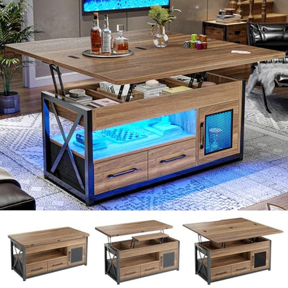 Itaar 40" Lift Top Coffee Table with Storage for Living Room, 4 in 1 Table | Walnut LED Expandable Coffee Table with 2 Fabric Drawers & LED Light & Hidden Compartmen for Dining Living Room Table - color: Walnut