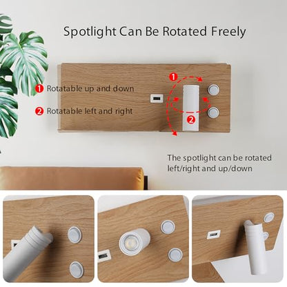 Modern LED Plug in Wall Sconce, Wall Light with Shelf and USB Charging Port, Rotatable Reading Spotlight & Soft Backlight, Plug-in or Hardwired Wall Lamp for Bedroom Bedside, Light Wood Grain Finish - size: 2-light Right Switch White