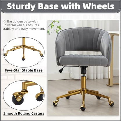 Desk Chair with Wheels, Gold Base, Velvet Accent Vanity Armchair, Grey | Spacious‌ Soft Seat, Swivel Height Adjustable, Rocking Function, Modern Stripe for Girls &Women Bedroom Makeup or Nail - color: Grey Velvet