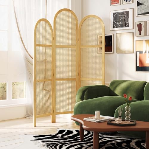 3-Panel Hand-Woven Rattan Room Divider, Tall Foldable Privacy Screen with Wooden Frame - Freestanding Portable Partition for Home Office, Bedroom, Bathroom(Natural-Wave) - color: Natural-wave