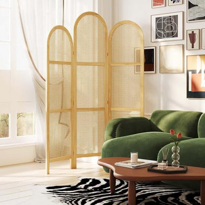 3-Panel Hand-Woven Rattan Room Divider, Tall Foldable Privacy Screen with Wooden Frame - Freestanding Portable Partition for Home Office, Bedroom, Bathroom(Natural-Wave) - color: Natural-wave