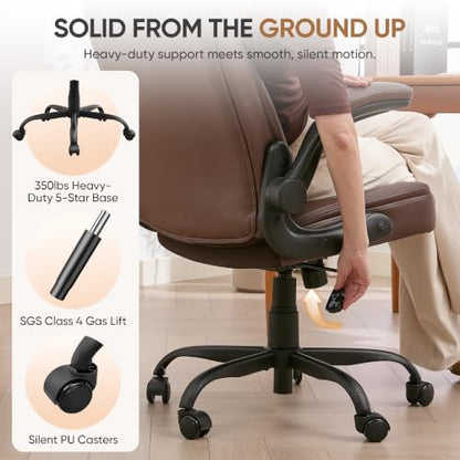 Home Office Chair with Lumbar Support, 5" Thickened Seat, Small PU Leather Rocking Desk Chair, Comfy Computer Chairs with Rolling Wheels & Adjustable Armrests for Adults, Brown - color: Brown