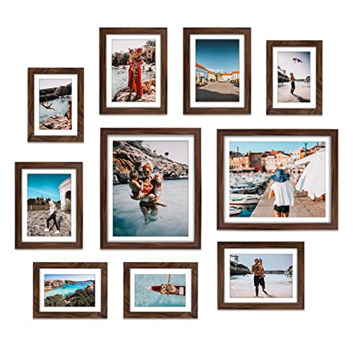 Giftgarden Brown Picture Frames with Mat for Multiple Sizes Photos, Four 4x6, Four 5x7, Two 8x10, Assorted Gallery Frame Collage for Wall or Tabletop, Set of 10 - color: Brown