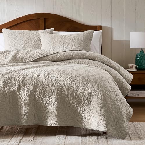 WDCOZY Beige 100% Cotton Quilt Twin Size Bedding Sets with 1 Pillow Shams, Floral Rosette Lightweight Bedspread Soft Farmhouse Patterned Coverlet Quilted Comforter Bed Cover for All Season, 2 Pieces - color: Beige, size: Twin (68"x86")