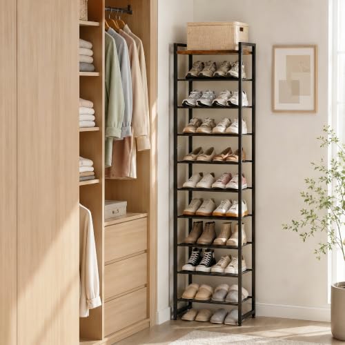 Narrow Shoe Rack 10-Tier, Tall Shoe Organizer for Small Spaces | Rustic Brown and Black, Holds Up to 22 Pairs, for Closets, Entryways, Garage, Dorm Rooms, Reinforced Wire Shelves, Wood Top - color: Rustic Brown and Black, size: 10 Tier