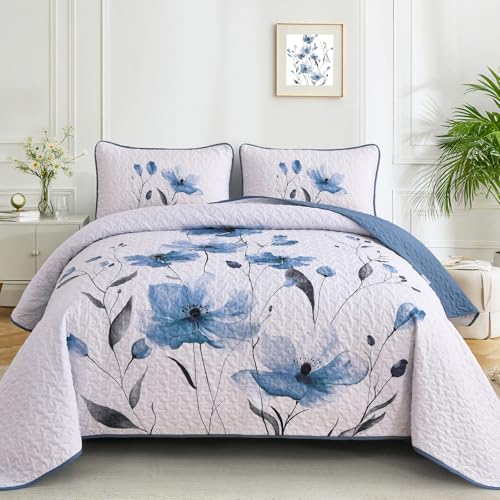 Mybedsoul King Size Quilt Set Blue, 3 Pcs Soft Bedspreads & Coverlets Set | Summer Lightweight Farmhouse Botanical Bedding Set with 2 Shams, Reversible Polyester Coverlet Set for All Seasons, 104"x90" - color: Blue, size: King104"x90"