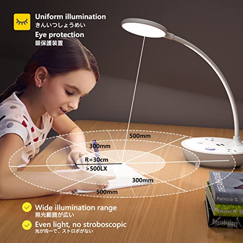 LED Desk Lamp with 2 USB Charging Ports and 2 AC Power Outlets - Adjustable Gooseneck Desk Light with 3 Level Brightness, Eye-Caring Small Table Lamp for Home Office, College Dorm Room Essentials