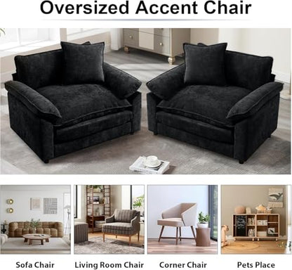 Modern Oversized Chair with Ottoman, Comfy Chenille Accent Chair Large Upholstered Armchair with Extra Thick and Deep Seat Lounge Chair for Living Room,Bedroom,Apartment,Black - color: Black, size: 1(chair+ottoman)