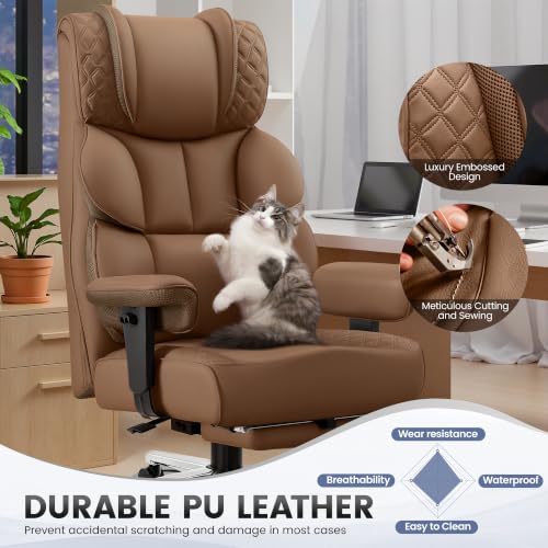 BestGlory Office Desk Chair, Big and Tall Leather Gaming Chair with Footrest, Ergonomic Comfy Executive High-Back Reclining Computer Chairs, Wide Swivel Rolling Wheels and Padded Lumbar Support, Khaki - color: Khaki, style: 3 Position Reclining