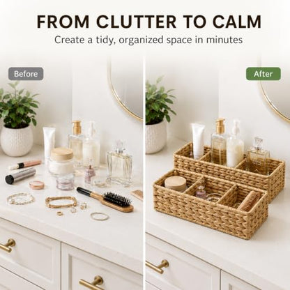 Operitacx Wicker Basket Organizer, 2-Pack with 3 Sections for Countertops | 2 woven-look baskets, three-section layout, for pantry packets, bathroom supplies, desk items and shelf organization needs