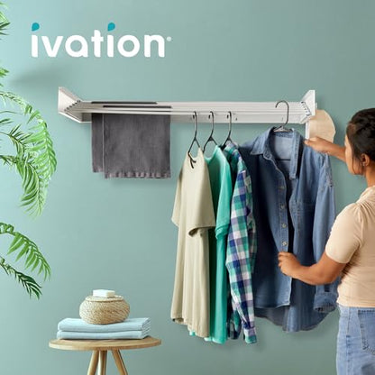 Ivation Retractable Wall Mounted Clothes Drying Rack, 40" Foldable Laundry Drying Rack for Clothing | Collapsible Space-Saving Design & 5 Rods | Easy Installation with Hardware & Wall Template (White) - size: 40 Inch
