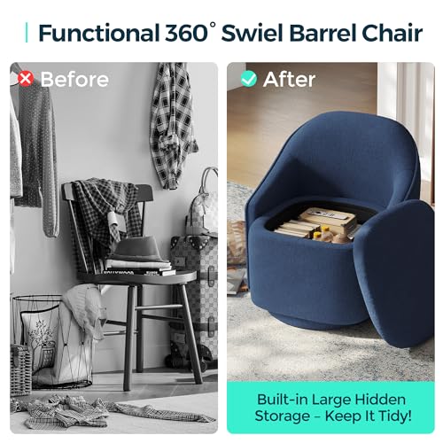 LINSY Swivel Accent Chair with Storage Comfy Chenille Barrel Chairs, Small 360 Swivel Modern Armchair for Living Room Bedroom, Boucle Reading Chair for Study Room (Blue) - color: Blue