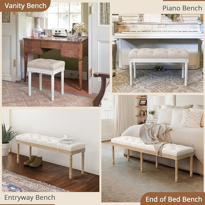 LUE BONA Upholstered Fabric Vanity Bench Seat, Makeup Stools for Vanity, Square Tufted Ottoman Bench with Carved White Legs for Bedroom Living Room, Linen Color - color: Linen and White