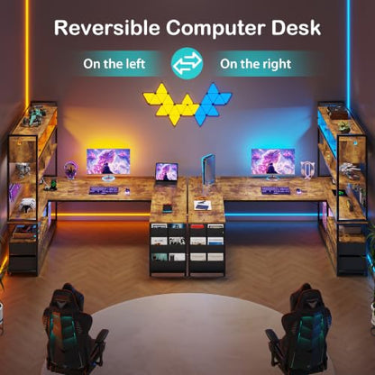 Dnxao 65" Gaming Desk with 3 Drawers and Pegboard, Rustic Brown | Reversible U Shaped Computer Desk with Power Outlets and LED Lights, Storage Shelves Workstation with Pegboard for Gamers - color: Rustic Brown