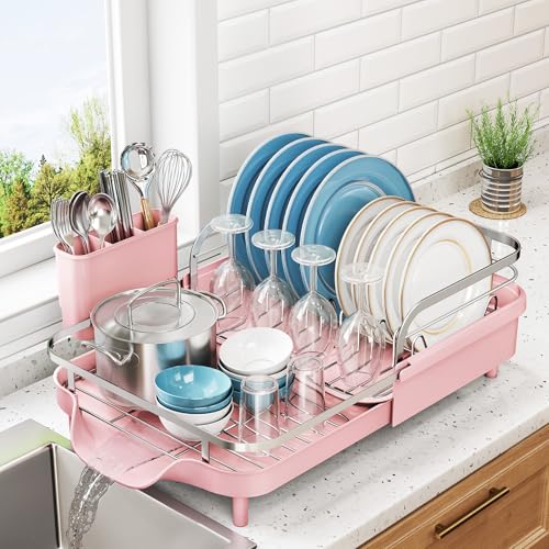 SNTD Dish Drying Rack, Expandable Dish Rack for Kitchen Counter, Stainless Steel Dish Drainer with Drainboard Set and Utensil Holder (Pink) - color: Pink