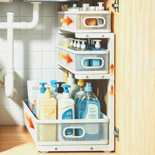 1 Pack 3 Tier Under Sink Organizer with Pull Out Drawer, Height Adjustable Heavy Duty Metal Under Cabinet Organizer, Smooth Sliding Storage Shelf for Kitchen, Bathroom Cabinet Organization, White - color: White, size: 1 Pack