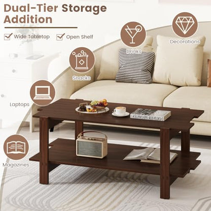 GIANTEX Coffee Table with Storage, 45 Inch Modern Center Table with Slatted Design & Side Rail Support, Rectangular Living Room Table for Small Spaces, Walnut - color: Walnut
