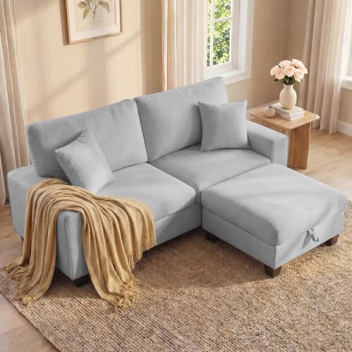 DOPEDIO 71.25" L-Shaped Sectional Sofa with Storage Ottoman, Light Gray | L-shaped sectional sofa with storage ottoman, chenille fabric, washable covers, pocket spring cushions, easy assembly - size: 71.25 inch-L, style: Light Grey Chenille