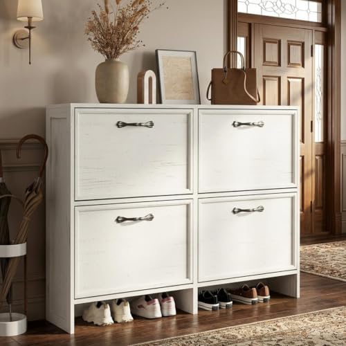 Garvee Shoe Cabinet with 4 Flip Drawers, Narrow Shoe Storage Cabinet with Adjustable Shelf, Hidden Shoes Rack with Anti-Tipping Kit, Freestanding Shoes Rack for Entryway Hallway, Distressed White - color: Distressed White, size: 4 Drawers