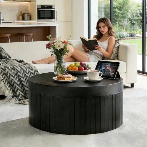 31.5” Modern Round Coffee Table, Circular Wood Center Table with Storage, MDF Accent Dinning Table for Living Room, Apartment,Office,Courtyard, No Assembly.(Black) - color: Black-e