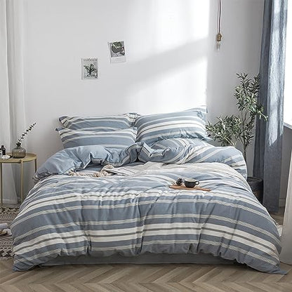 BISELINA Bedding Duvet Cover Set 100% Washed Cotton Linen Like Textured Yarn Dyed Horizontal Stripes Reversible Breathable Soft Comfy Chic Bedding (Twin, Button Closure Blue) - color: Button Closure - Blue, size: Twin