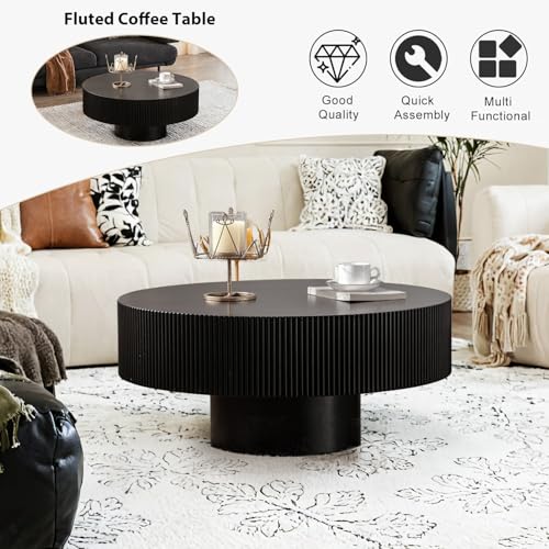 Round Fluted Coffee Table Handcrafted Relief Drum End Table | Mid Century Modern Drum Coffee Tables Rustic Industrial Wood Center Table for Apartment Living Room - color: Black Round Thick