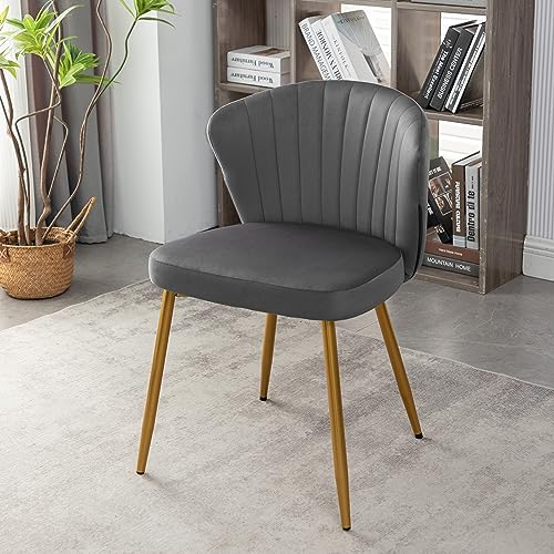 GDFStudio 30.71" Modern Velvet Accent Chair, Comfy Lounge Chair, Upholstered Side Chair with Channel Tufted Back, Gold Metal Legs, Armless Reading Chair for Living Room Bedroom Small Spaces, Gray - color: Gray + Polyester