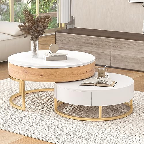 Modern Round Lift-top Nesting Coffee Tables with 2 Drawers for Living Room White & Natural - color: Oak Natural Wood + Antique White
