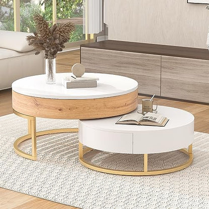 Modern Round Lift-top Nesting Coffee Tables with 2 Drawers for Living Room White & Natural - color: Oak Natural Wood + Antique White