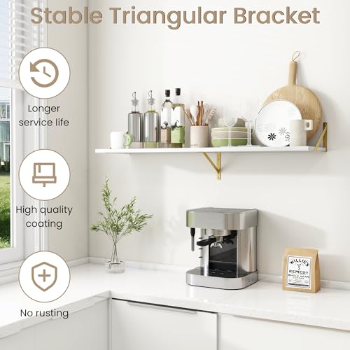 Dreamland Wall Mounted Floating Shelves Set of 2, 36x12, White&Gold | Engineered Wood, Visible Bracket, Large Storage, Hold Up to 60lbs, Living Room, Bathroom, Bedroom, Kitchen - color: White&gold, size: 48"W x 12"D