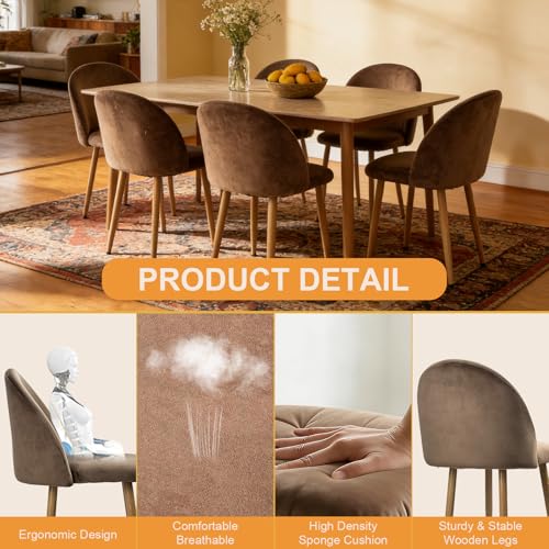 Lightdot Dining Chairs Set of 2, Brown Velvet Upholstered Dining Chairs with Solid Wood Legs, Mid-Century Modern Accent Chair for Kitchen Living Room Bedroom, Assembly Guide Included, 300lbs Capacity - color: Brown