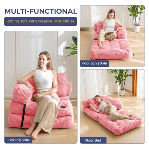 MAXYOYO Folding Sofa Bed, Convertible Chair Bed with Pillow | L-Shaped Floor Sofa with Armrest and Pillow, Foldable Portable Fold Out Comfy Chair Bed for Living Room Bedroom, Pink - color: Pink