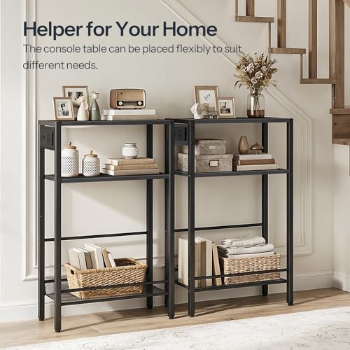 HOOBRO 15.7" Narrow Console Table with Charging Station, 3 Tier Entryway Table for Small Space, Behind Couch Table, Sofa Table, for Entryway, Hallway, Living Room, Black BB42UXG01 - color: Black