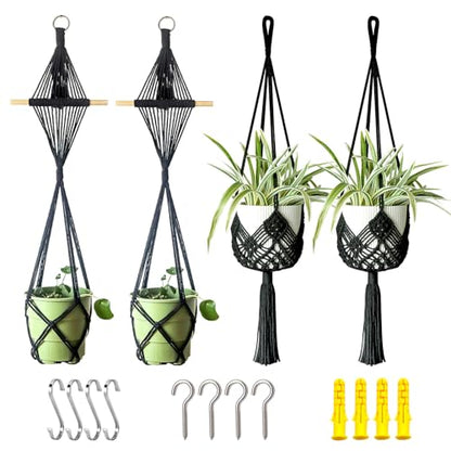 4 Pack Macrame Plant Hangers Indoor Up to 10 inch Pot, Boho Hanging Planters, Plant Holder with 8Pcs Stainless Steel Hooks(4Pcs Black Hanger) - color: 4pcs Black Hanger