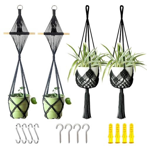 4 Pack Macrame Plant Hangers Indoor Up to 10 inch Pot, Boho Hanging Planters, Plant Holder with 8Pcs Stainless Steel Hooks(4Pcs Black Hanger) - color: 4pcs Black Hanger