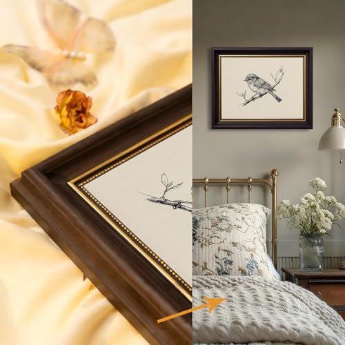 yunjulp Vintage Dark Brown Framed Wall Art, Minimalist Bird Sketch Canvas Art Prints Painting, Antique Nature Line Drawing Wall Art Picture, Rustic Beige Farmhouse Wall Decor for Bedroom,Desktop 12x16Inch - color: Bird Framed, size: 16"L x 12"W