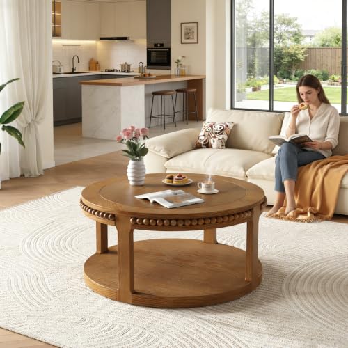 31.5" Round Wood Coffee Table, 2 Tier Modern Center Table,Solid Wood+MDF, Easy Assembly, Accent Table for Living Room, Apartment, Small Space. (Walnut) - color: Walnut-m
