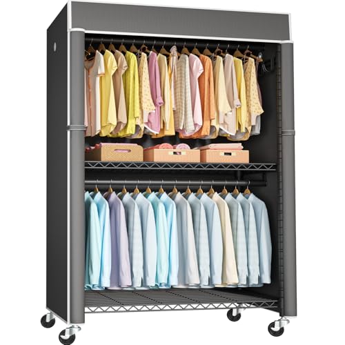 Black Clothing Rack with Dark Gray Cover, P1C Plus Rolling Closet | Metal Garment Rack with Wheels for Hanging Clothes, Portable Clothing Storage Wardrobe - color: Black Rack with Dark Gray Cover